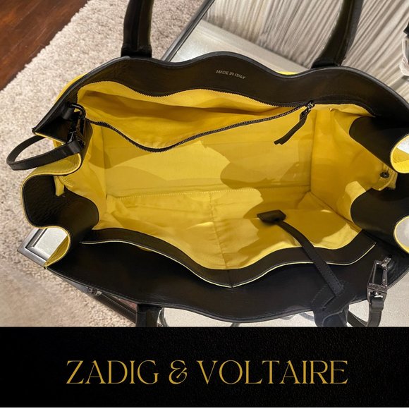 ZADIG & VOLTAIRE LARGE DRAMATIC CANDIDE YELLOW AND BLACK LEATHER TOTE - Picture 5 of 11